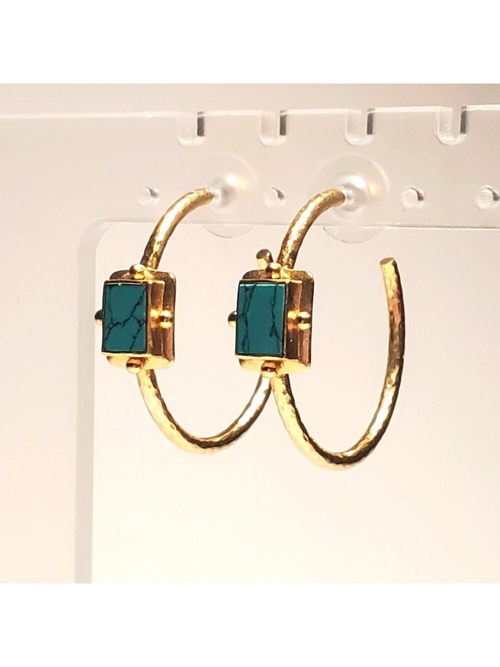 Amrapali 14k Gold Plated Hoop Earrings with  square faux- Emerald Green stones